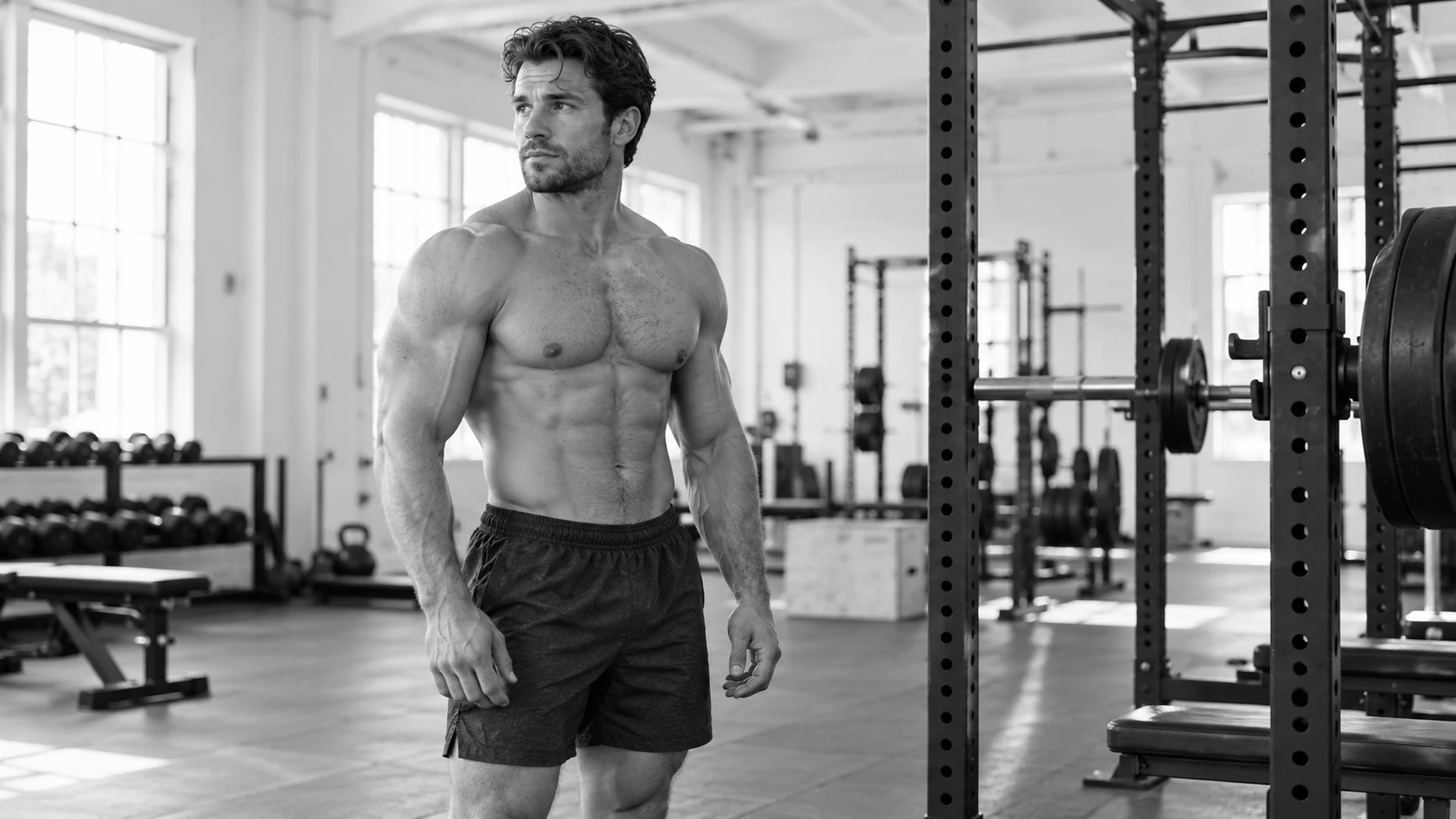 Fictional adult male bodybuilder in a gym, an original fitness illustration for Lift Chronicle